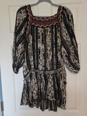 Free People Bohemian Black Floral Tiered Peasant Top Small / Oversized